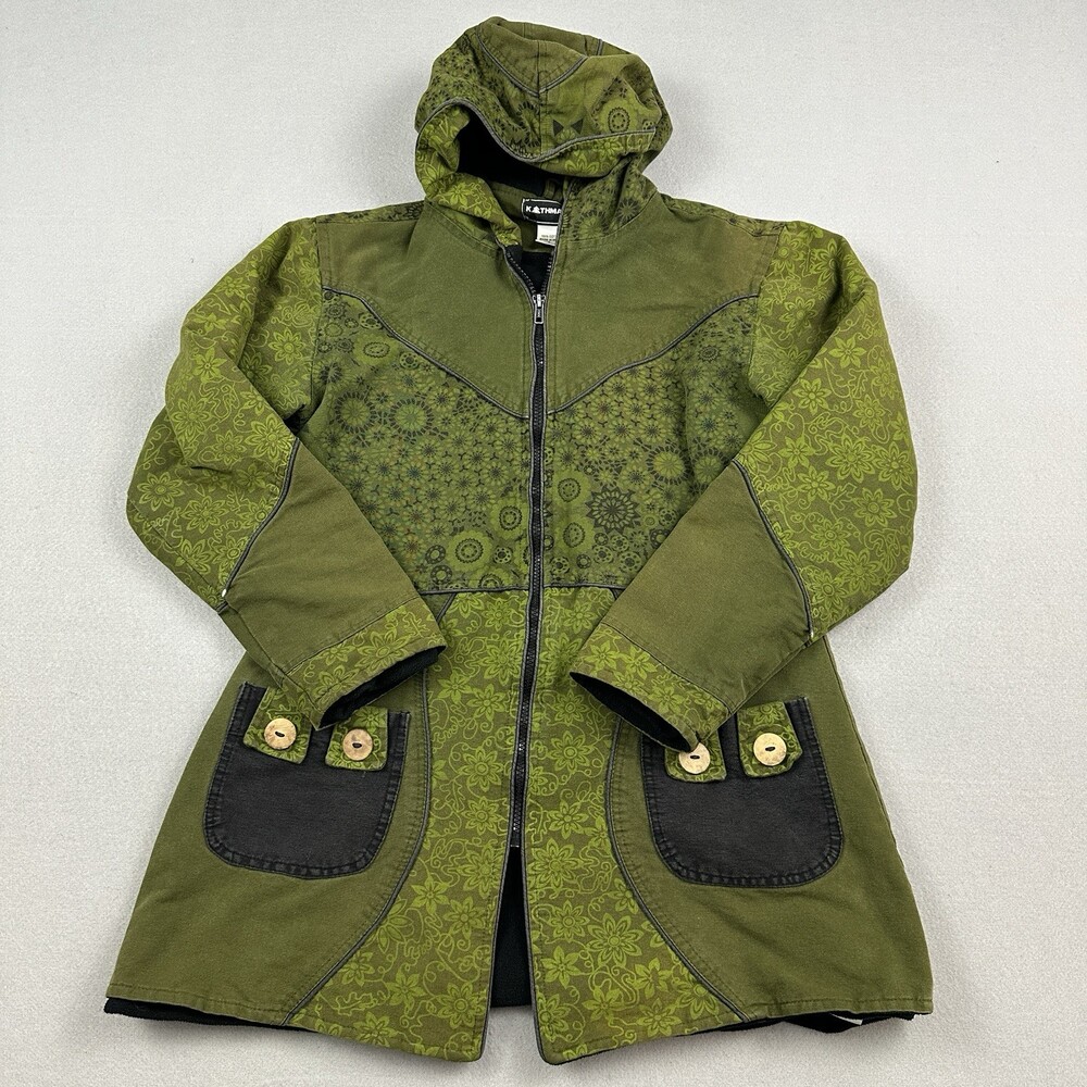 Kathmandu Artifacts Jacket Women L Green Floral Zip Hood Boho Fleece Lined *
